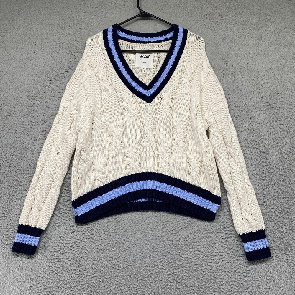 Aerie Tennis Sweater Womens XS White Cable Knit V Neck Striped Preppy Pullover